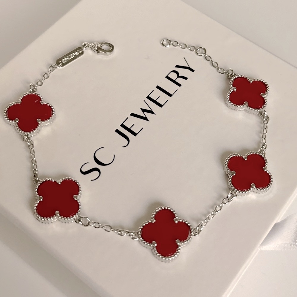Red Clover Bracelet Double Sided Silver Tone Chain 5 Motif